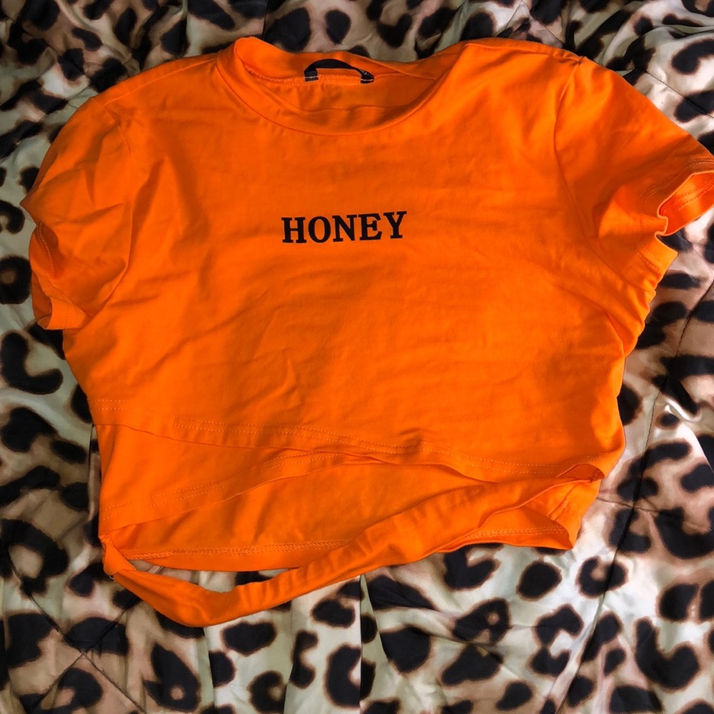 Crop neon orange “honey” tee